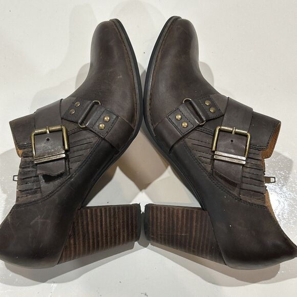 Clarks Indigo Brownish Gray Leather Moto Booties Heeled Ankle Boots Zip Women 9 - Picture 9 of 14